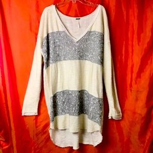 FREE People Women’s Tunic  M Cream Gray Sequins Frayed Edges V Neck Oversized